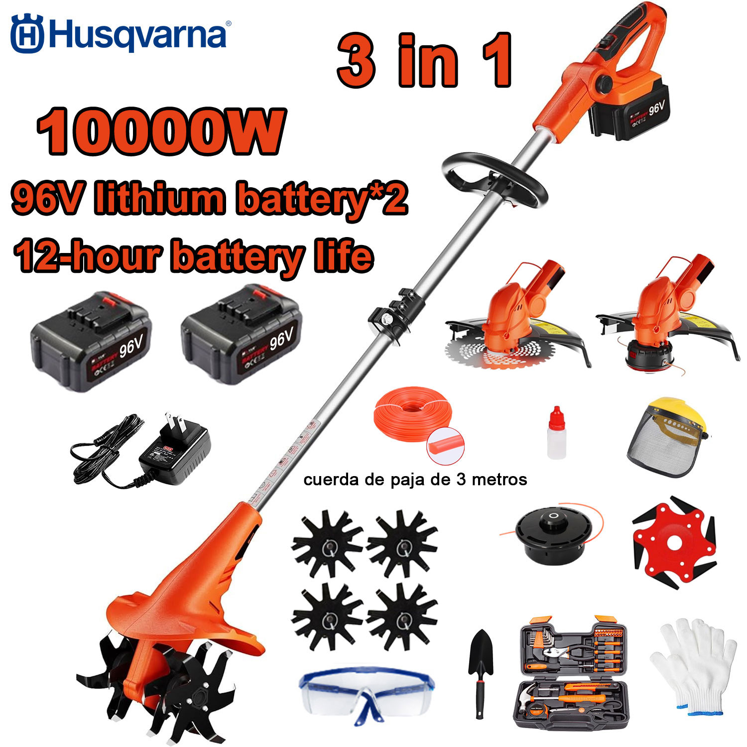 10000 W jaudīgs 3-in-1 kultivators (pļaušanai, augsnes apstrādei, zāles apgriešanai) + 96 V akumulators ar 2+ ātro uzlādi + kultivatora nazis + griešanas galva + 3 m griešanas aukla * 3+ zāles pļāvēji * 6 + pilns piederumu komplekts