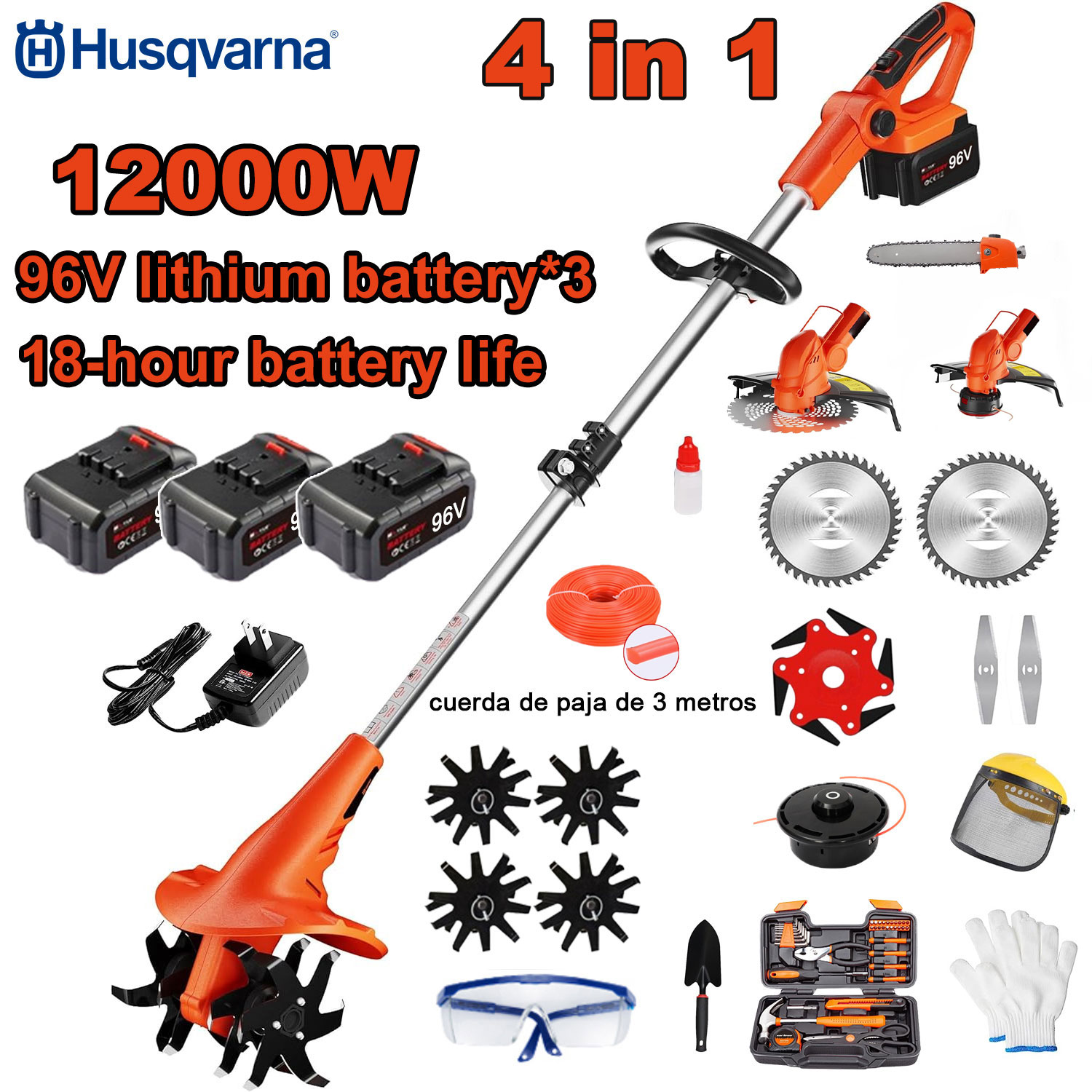 12000 W 4-in-1 elektriskais kultivators (pļaušanai, koku apgriešanai, augsnes apstrādei utt.) 96 V akumulators * 3 + ātrais lādētājs + kultivators + griezējgalva + 3 m griešanas aukla * 3 + sakausējuma zāģa asmens + asmens * 6 + taisns asmens + pilns piederumu komplekts