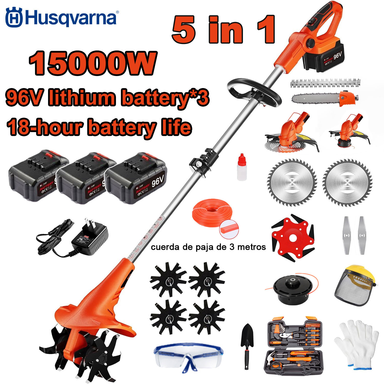 15000 W 5-in-1 elektriskais kultivators (pļaušanai, koku apgriešanai, augsnes apstrādei utt.) 96 V akumulators * 3 + ātrais lādētājs + kultivators + griezējgalva + 3 m griešanas aukla * 3 + sakausējuma zāģa asmens + asmens * 6 + taisns asmens + pilns piederumu komplekts